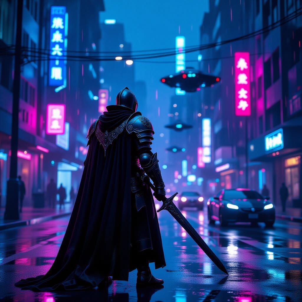 Cyberpunk Knight on Neon City Street