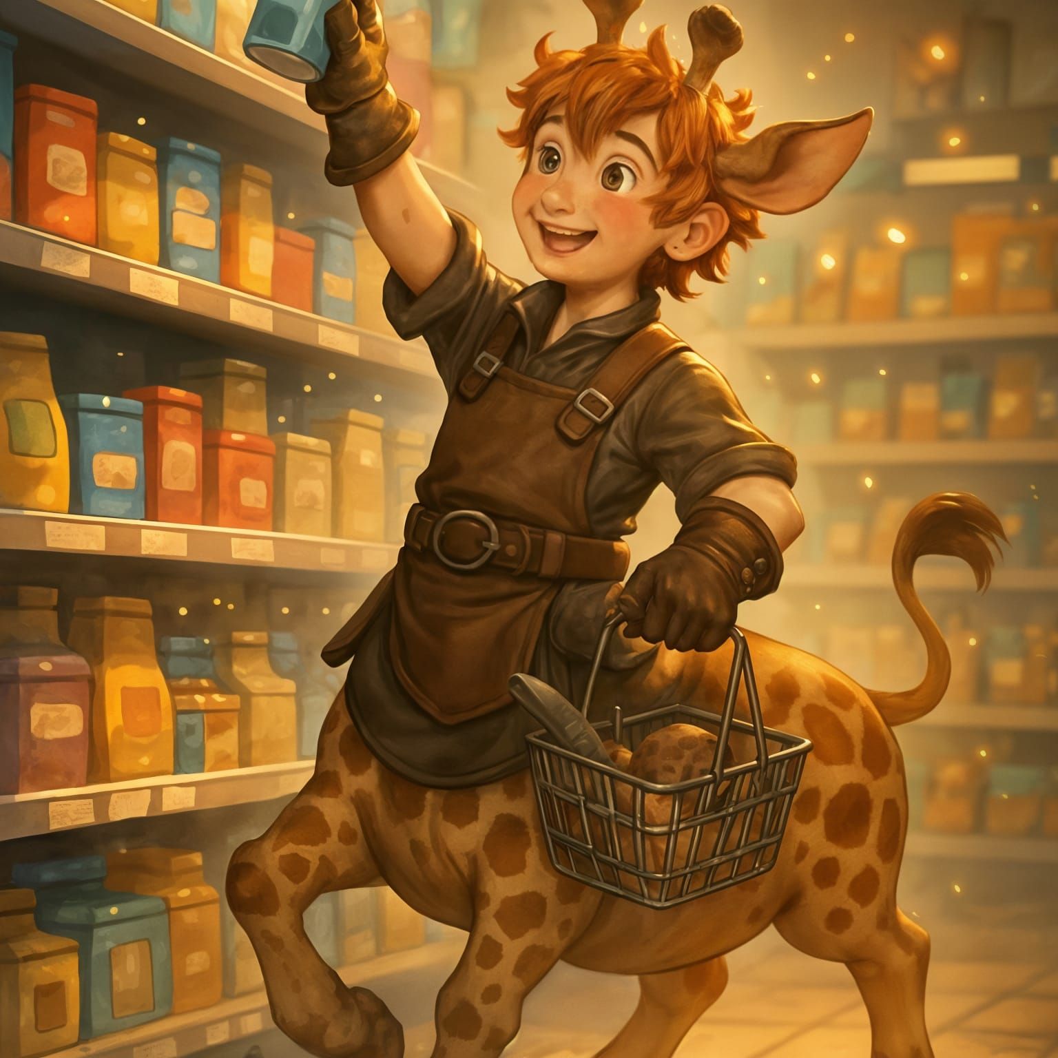 Ginger-Haired Giraffe Centaur Shopping in Whimsical Store