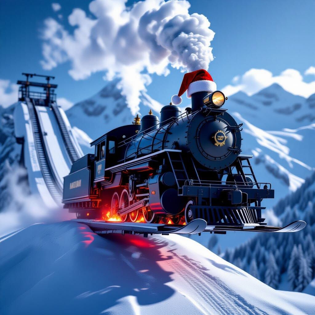 Antique Steam Engine Hovers Over Snowy Ski Jump