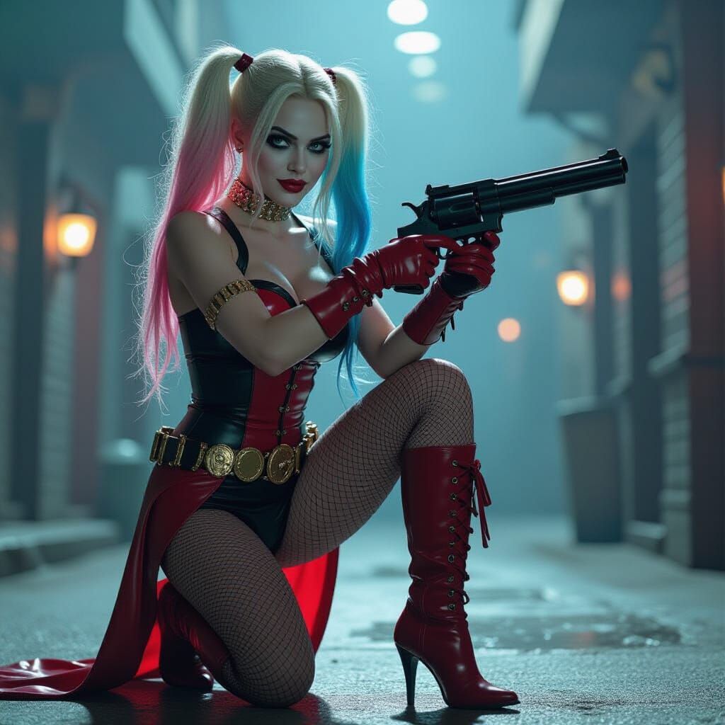 Harley Quinn with Revolver in Cinematic Film Still Style