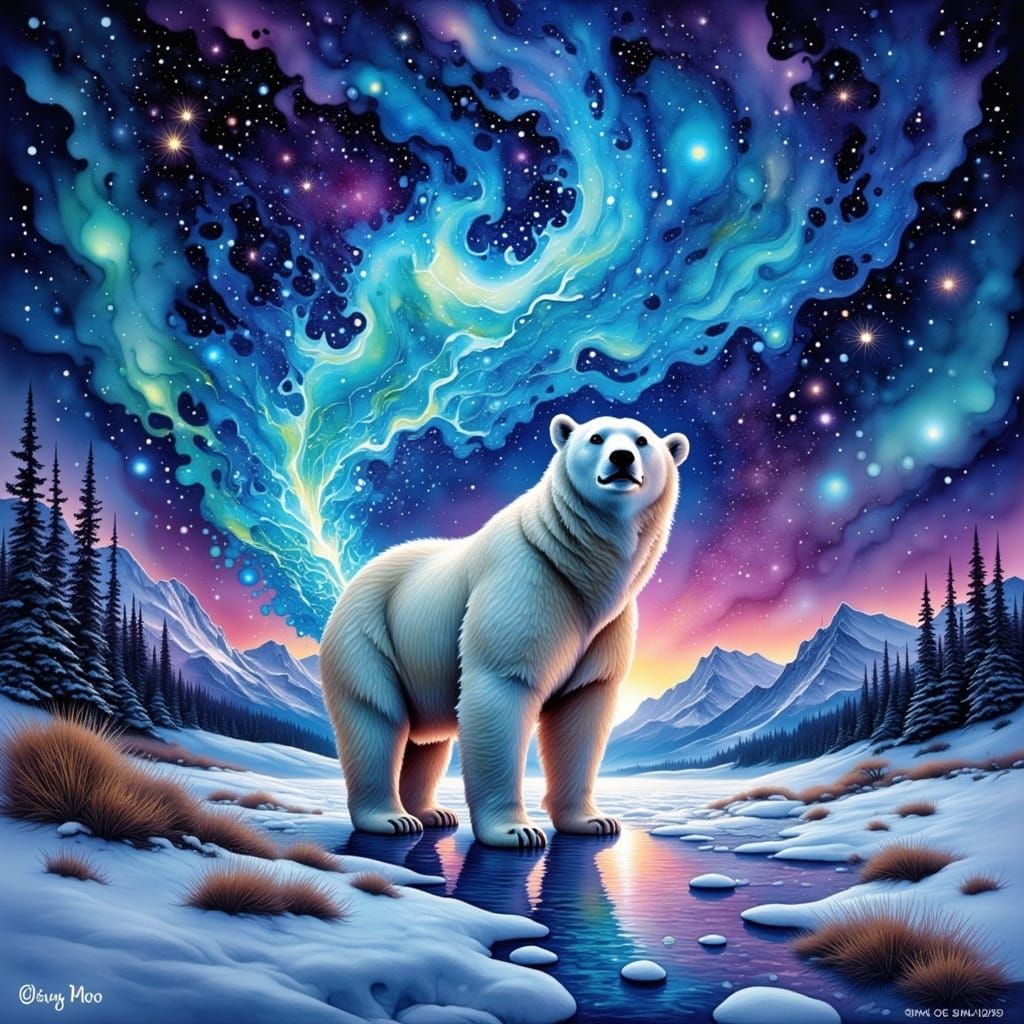 Regal Polar Bear Under Nordic Lights in Ethereal Alcohol Ink...