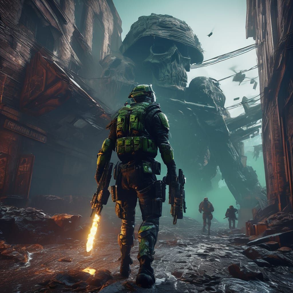 Battle-Scarred Warriors in a Toxic Alleyway, with a Gritty, ...