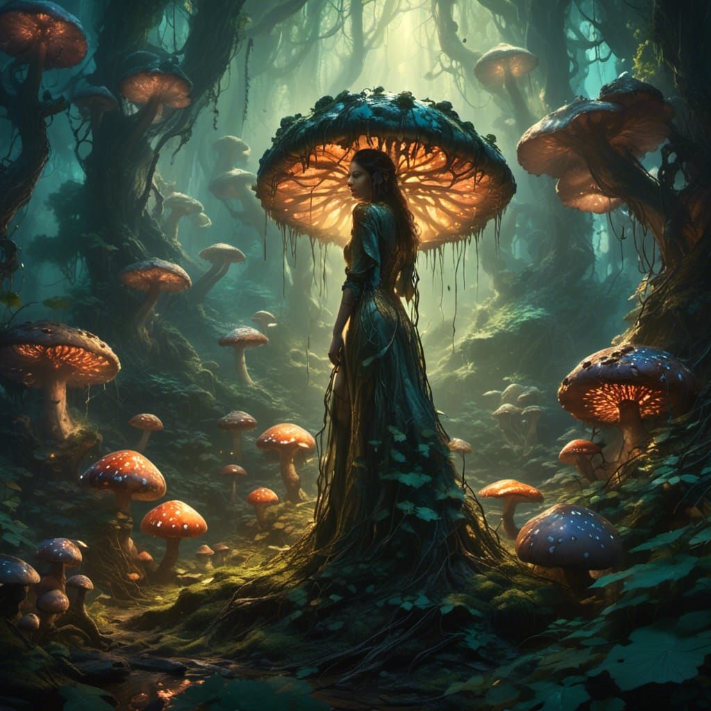 Mushroom forest woman hips <lora:Sdxl Fantasy:1.0> <lora:Lat...
