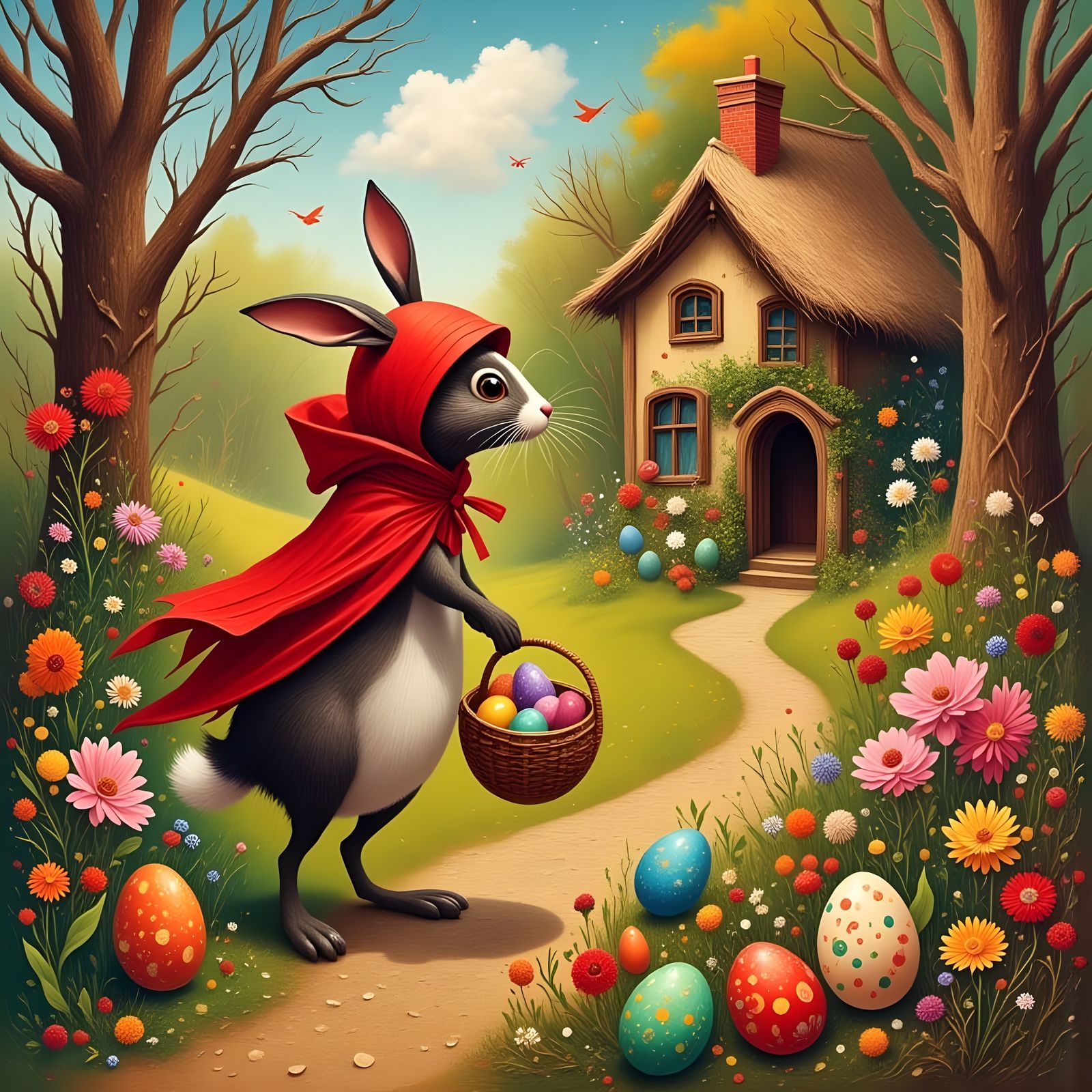The Easter Bunny in Neo-Impressionist Style, Hiding Eggs Nea...