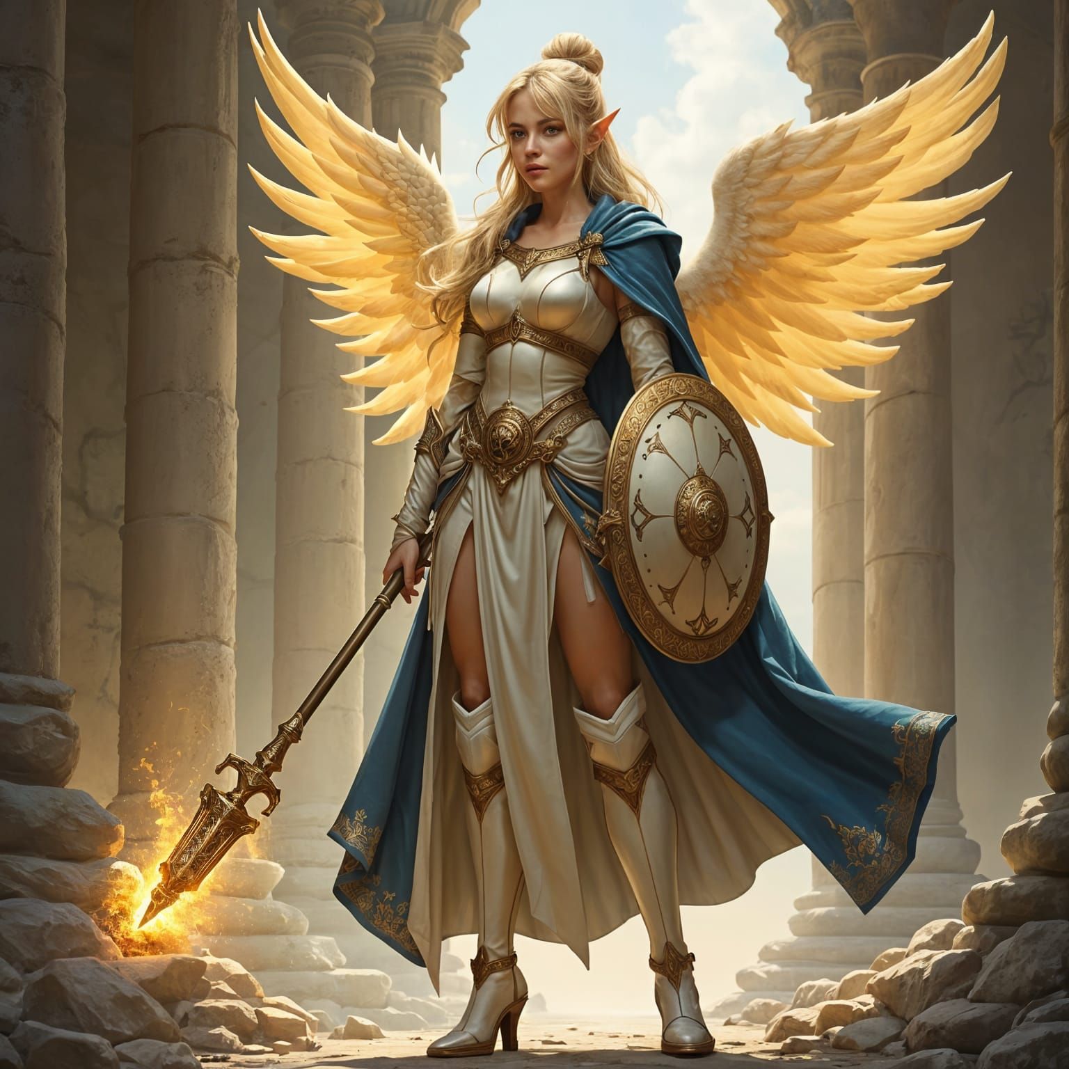 Elf Priestess in Temple Ruins with Angelic Wings