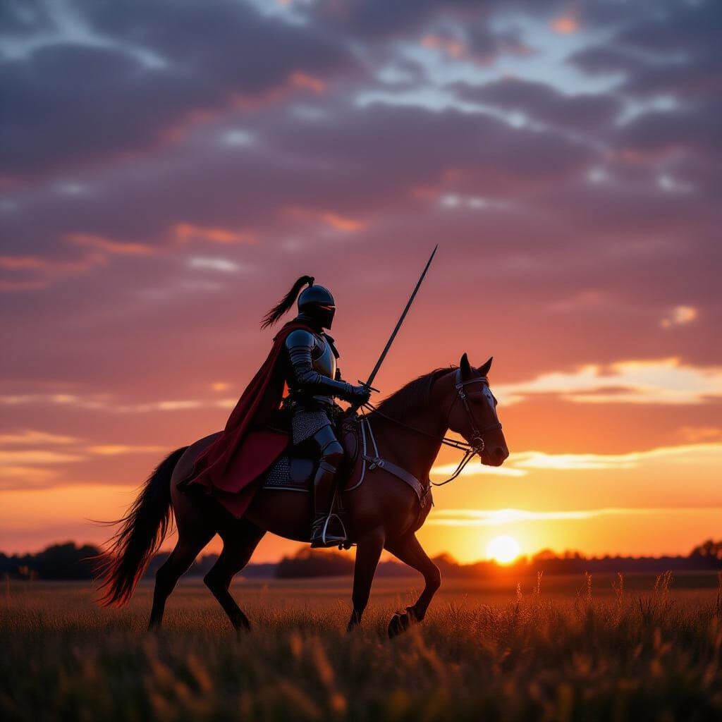 Knight on Horseback at Dramatic Sunset