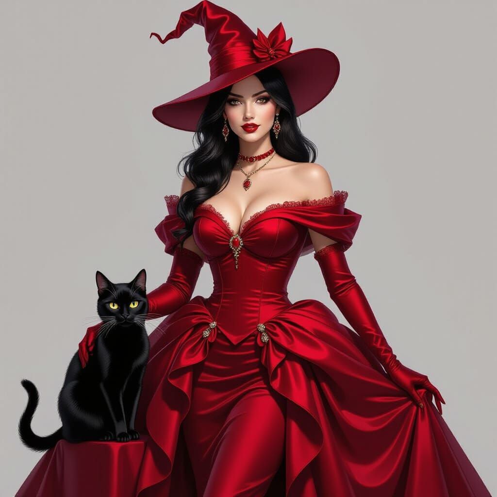 Stunning Witch in Revealing Ruby Gown with Cat