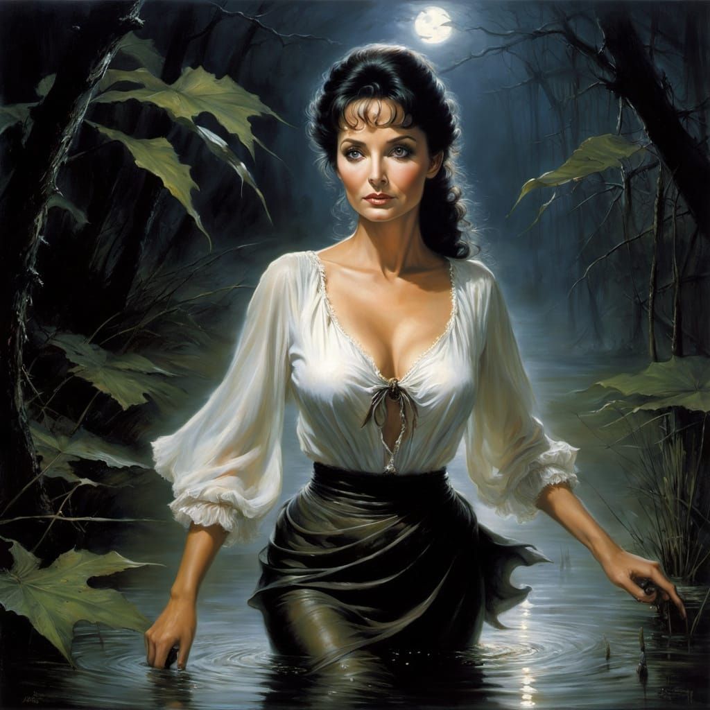 Cajun Woman Fleeing Swamp, Ominous Oil Painting