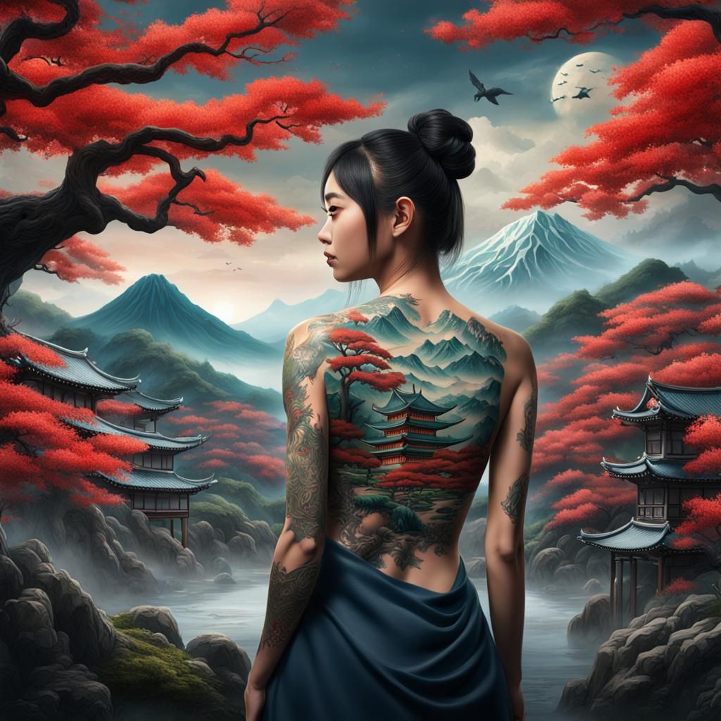 Woman's Back Tattoo: Japanese Landscape Art