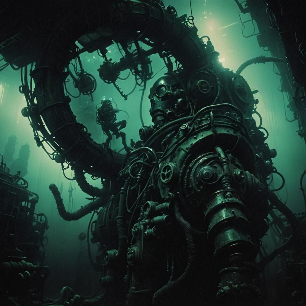 Surreal Underwater Chamber: 80s Aquatic Biomechanical Horror