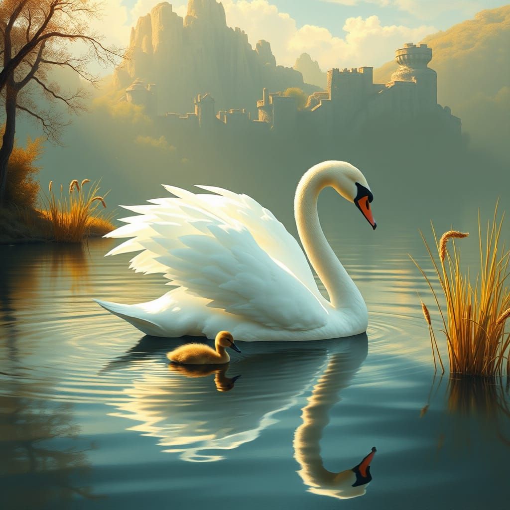 Giant Swan and Duckling in Gentle Realism Style