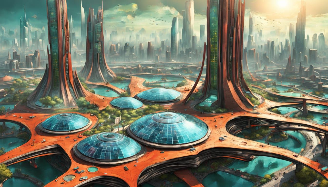 Solarpunk Lotus Megastructure in Futuristic Cityscape