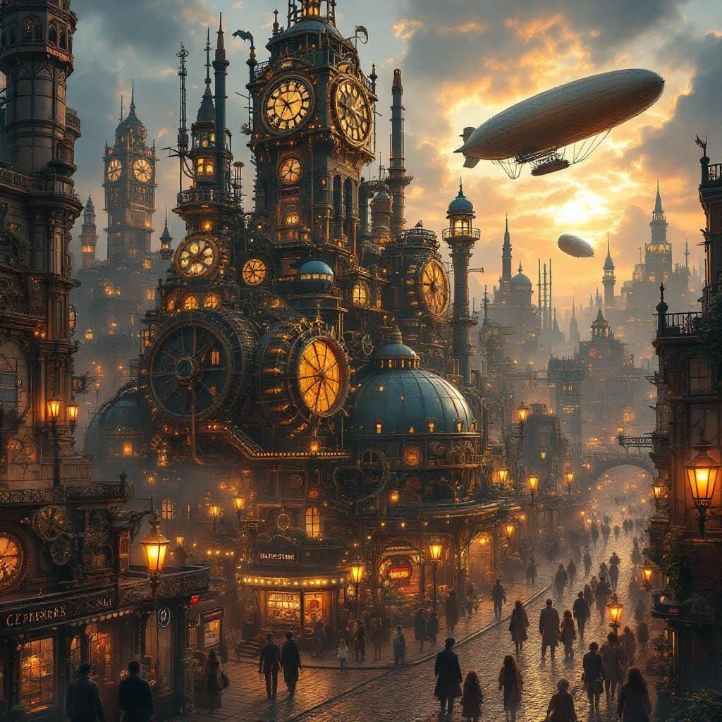 Steampunk Cityscape with Airships and Clockwork Gears