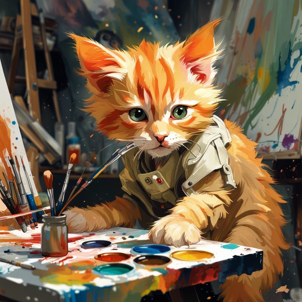 Ginger Kitten Painter: Detailed Digital Art