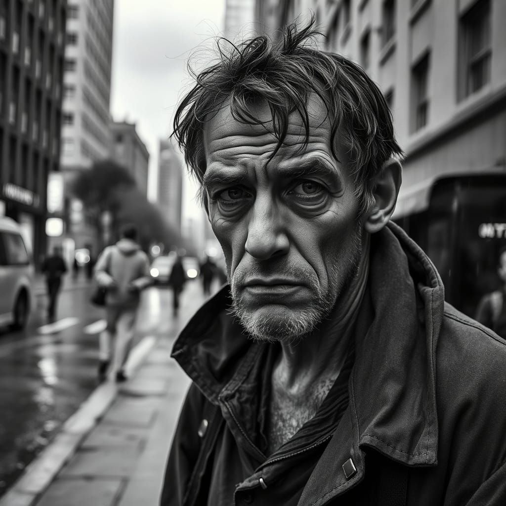 Monochrome Cityscape: Homeless Man in the Rain