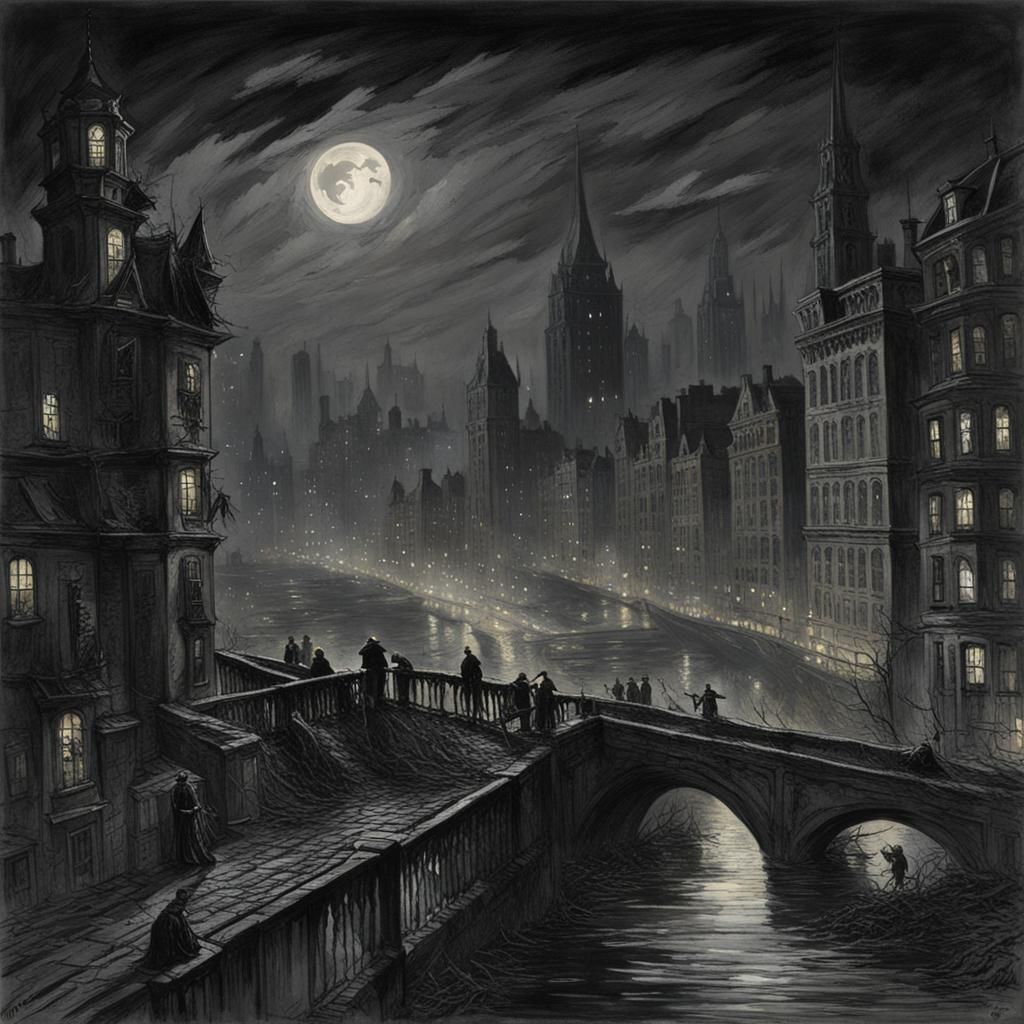 Dark Gotham Cityscape in Horror Art Style