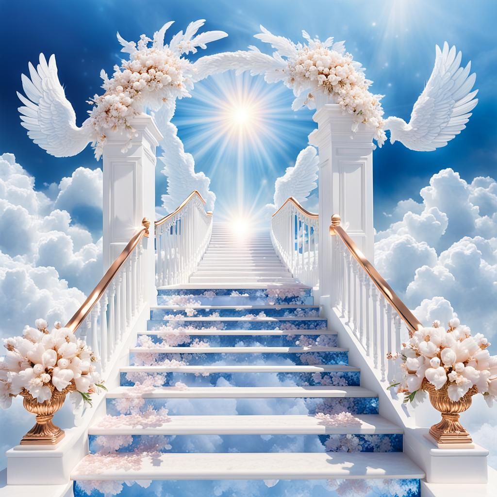 Ethereal Pearly Gates Landscape with Angel in 3D