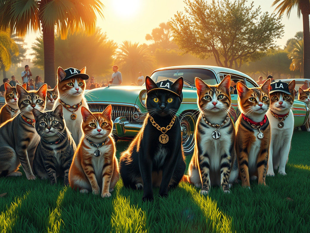 Hip-Hop Cats BBQ in Park, Street Art Style