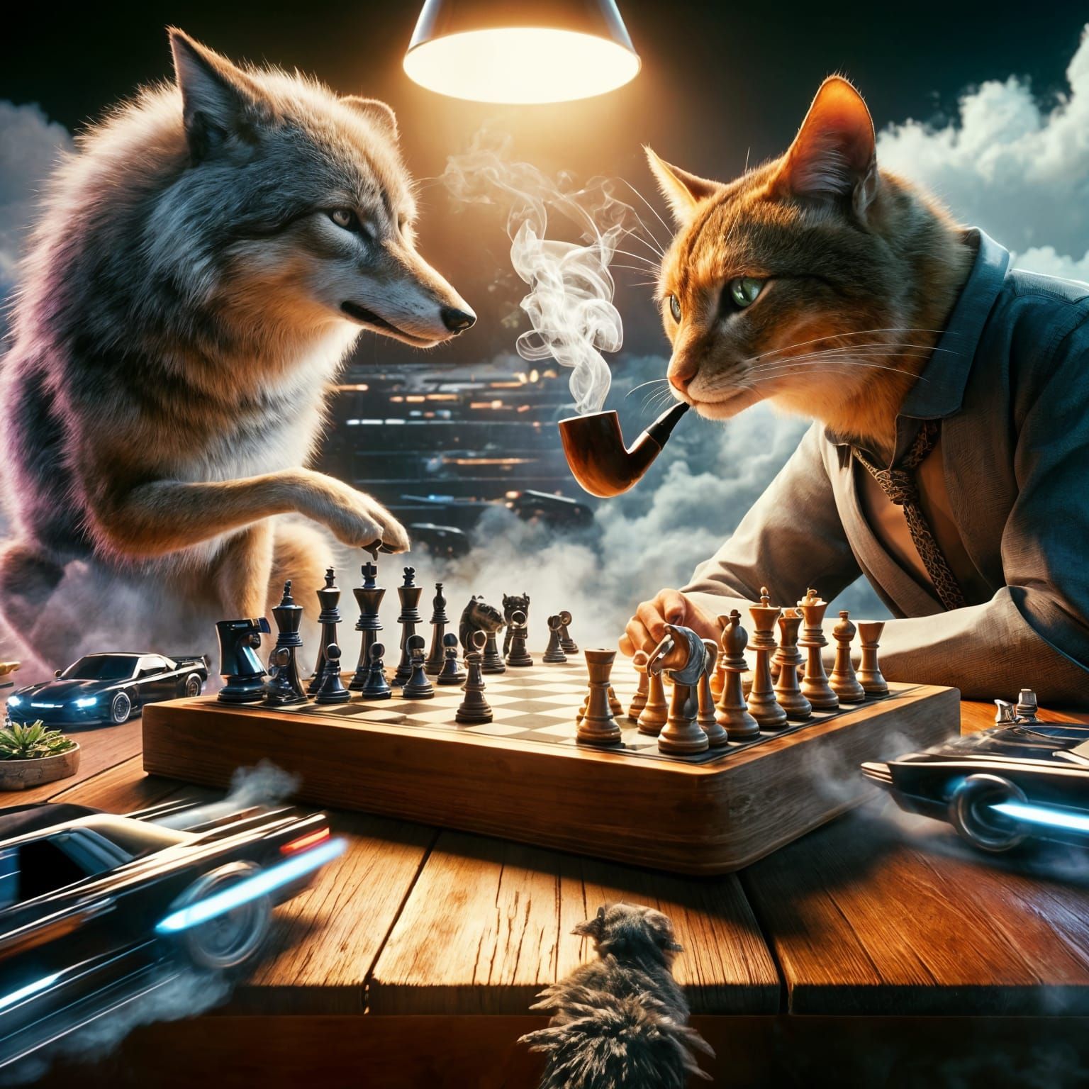 Hyperrealistic Cat and Coyote Chess Game