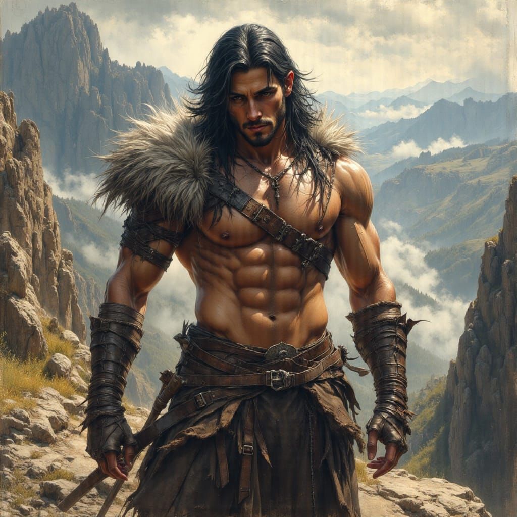 Pagan Warrior on Windswept Cliff as Oil Painting
