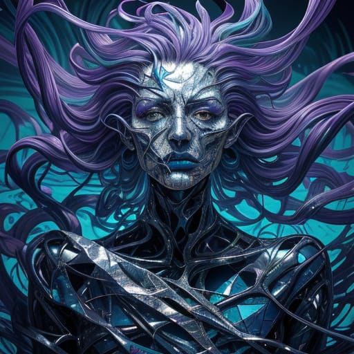 Surreal Figure Trapped in Twisted Metal and Shattered Quicks...