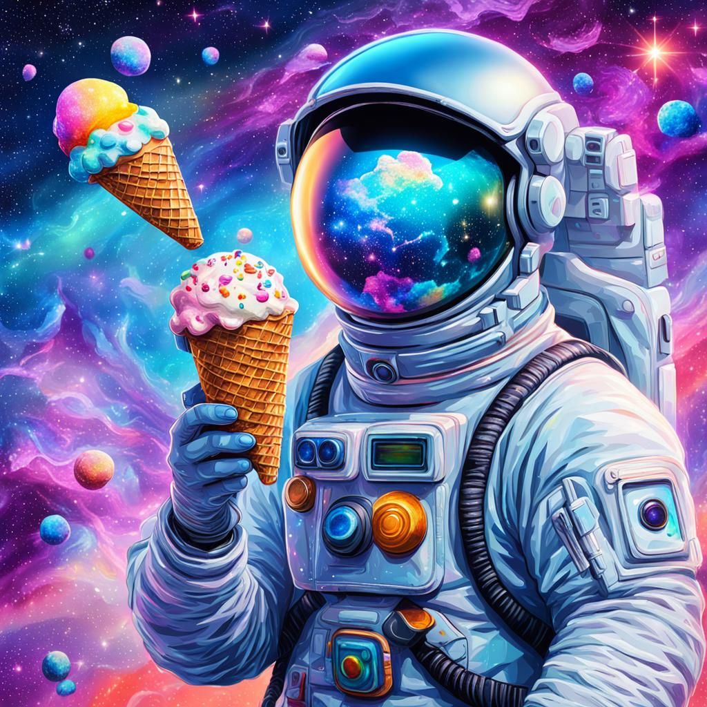 Astronaut Enjoys Ice Cream in Bright Cosmic Scene