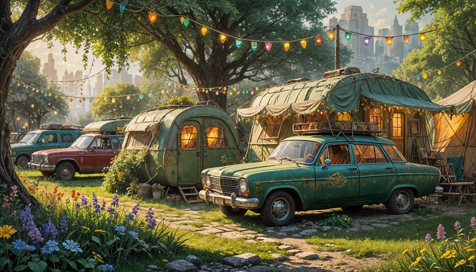 Whimsical Campsite Amidst Vibrant Wildflowers and Shattered ...