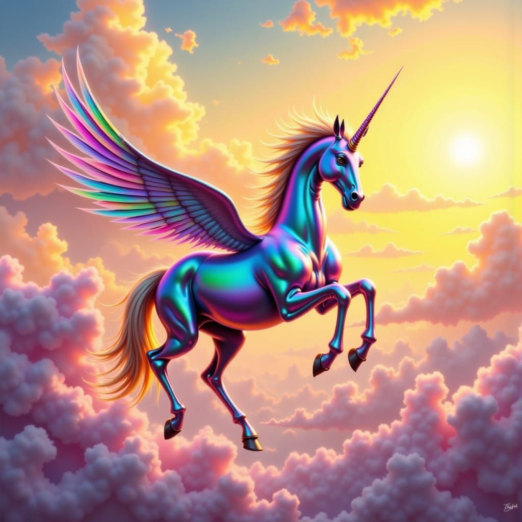 Rainbow Pegasus Soaring Through Sunrise Sky