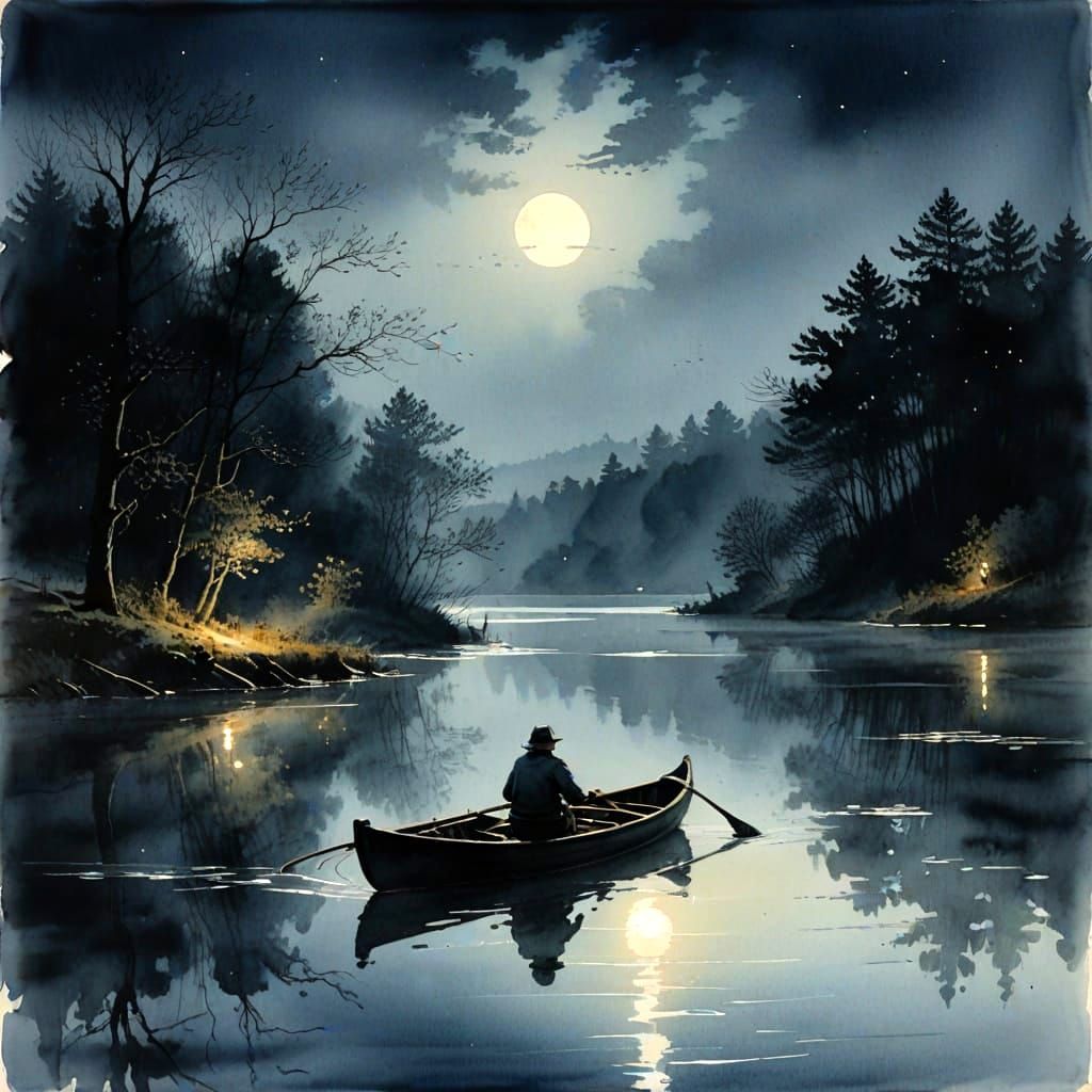 Ethereal Moonlit River Scene in Watercolour