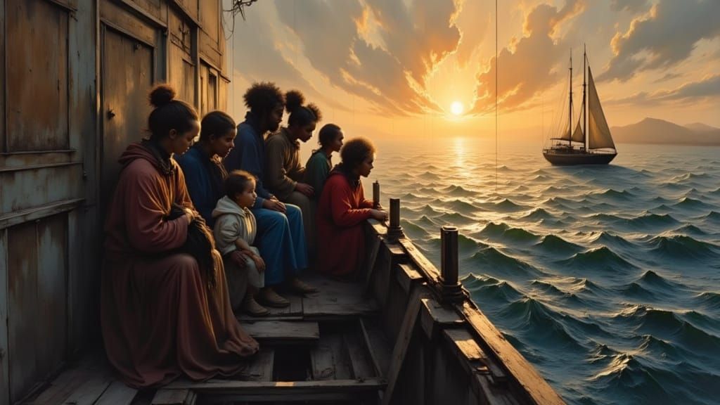 Hopeful Sunrise Over Refugees on Overcrowded Boat