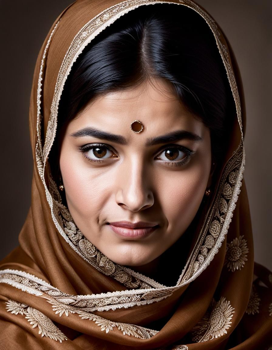 Striking close-up portrait of Malala Yousafzai, the Pakistani activist for female education and Nobel Peace Prize laurea...