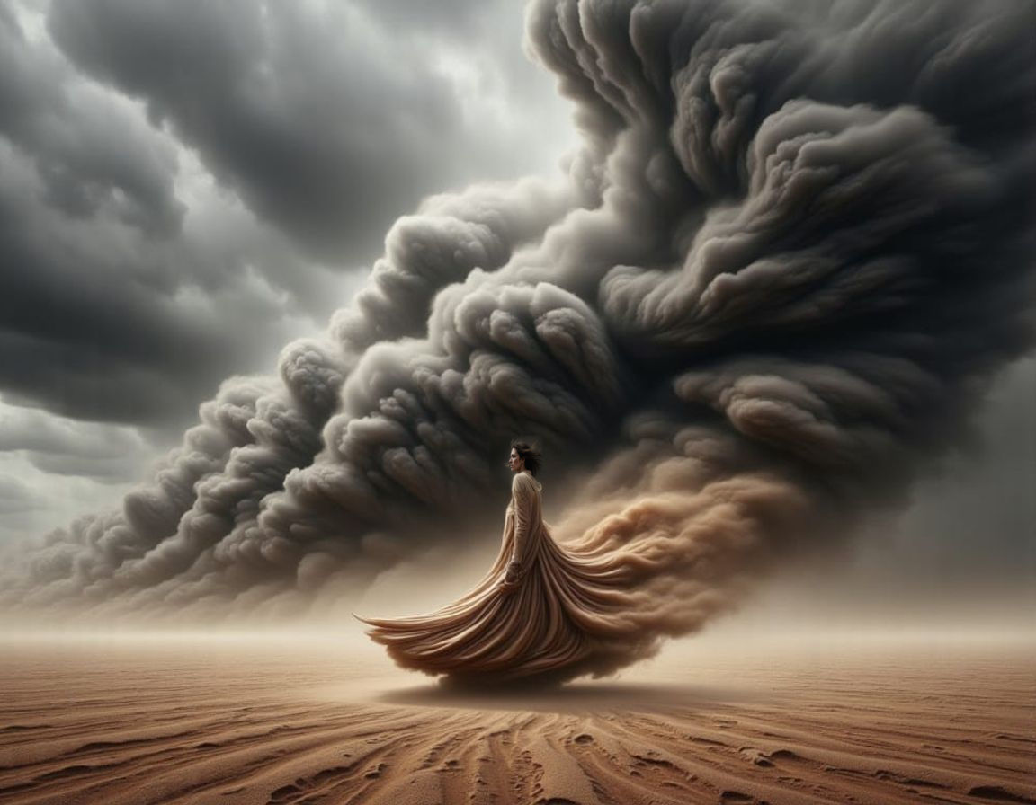 Windswept Woman in Sandstorm, Ultra-Realistic Image