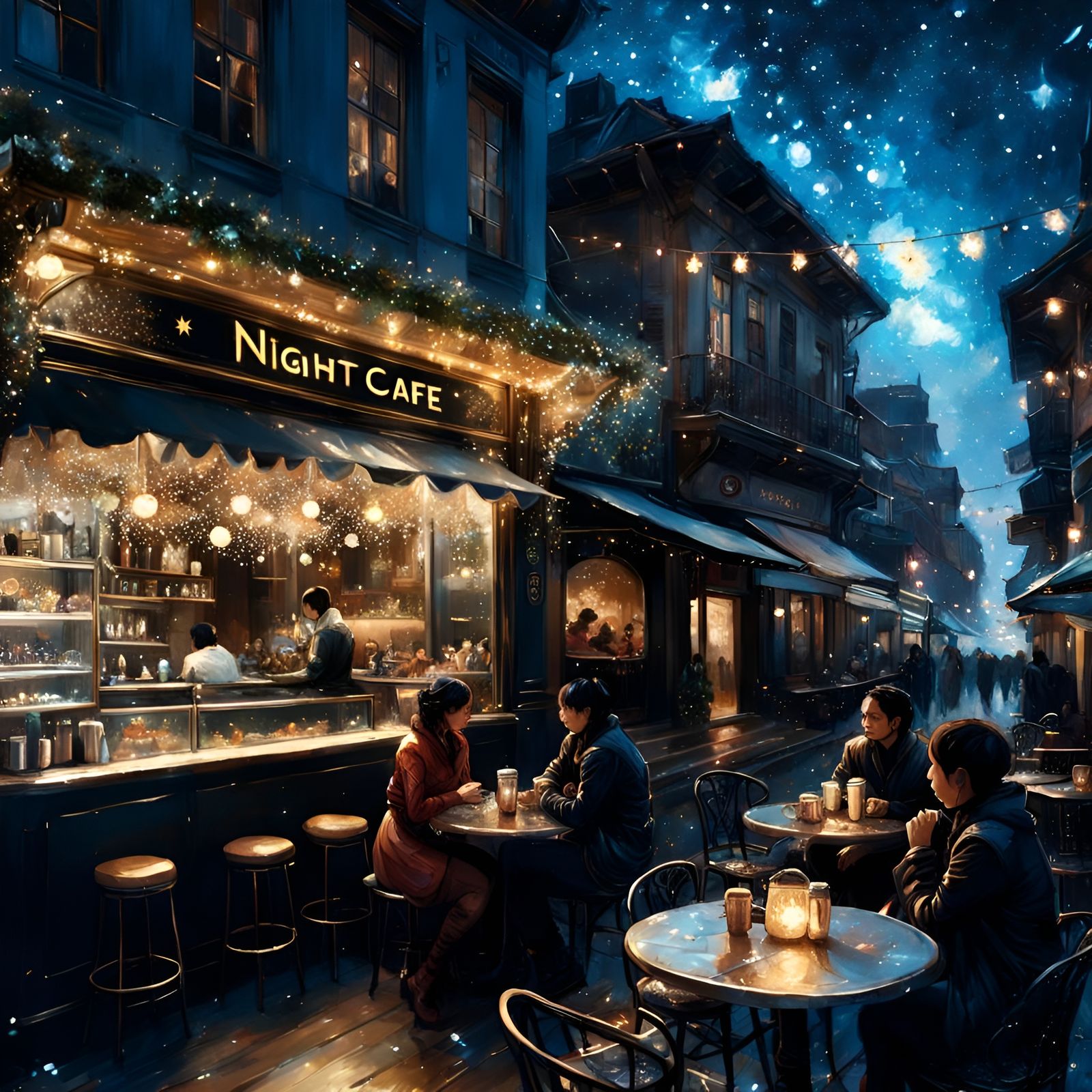 Starry Floral Cafe Illustration in Pen and Ink