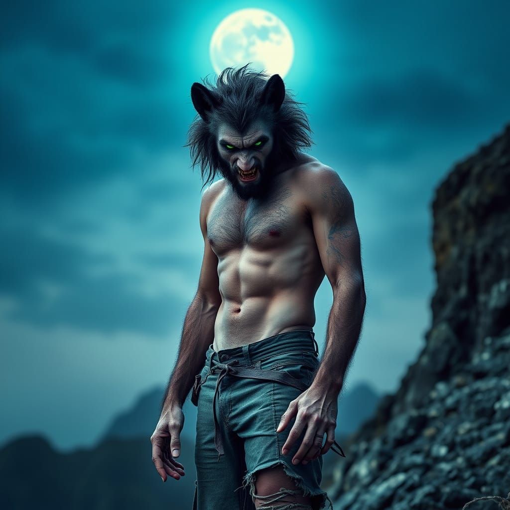 Lycanthrope Gazing Intently Under Moonlight