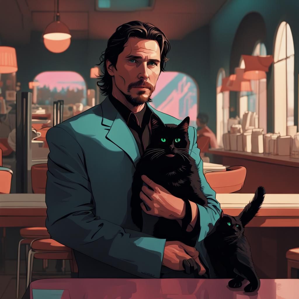 Christian Bale with Cat: Synthwave Neon Cafe