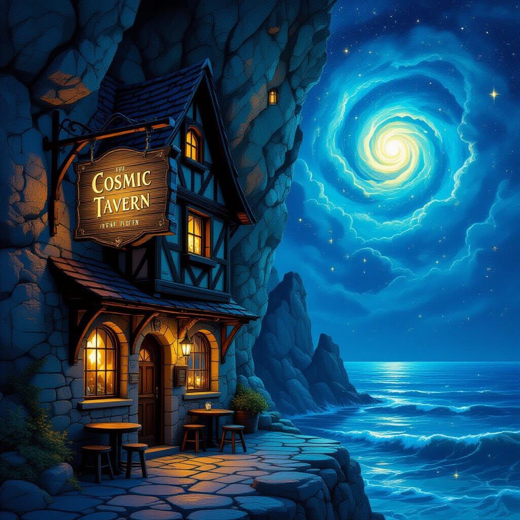 Cosmic Tavern on Cliffside Overlooking Starlit Sea