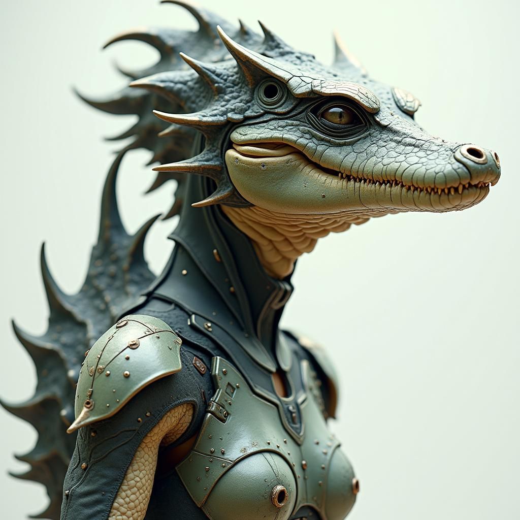 Cyberpunk Alligator Woman Hybrid in Biomechanical Exosuit