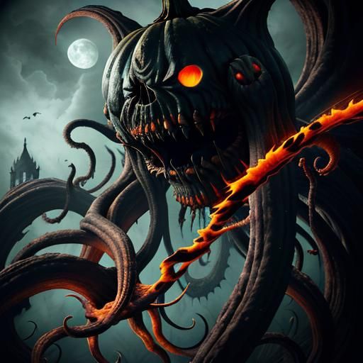 Creepy Horror Fusion of Pumpkin and Eldritch God