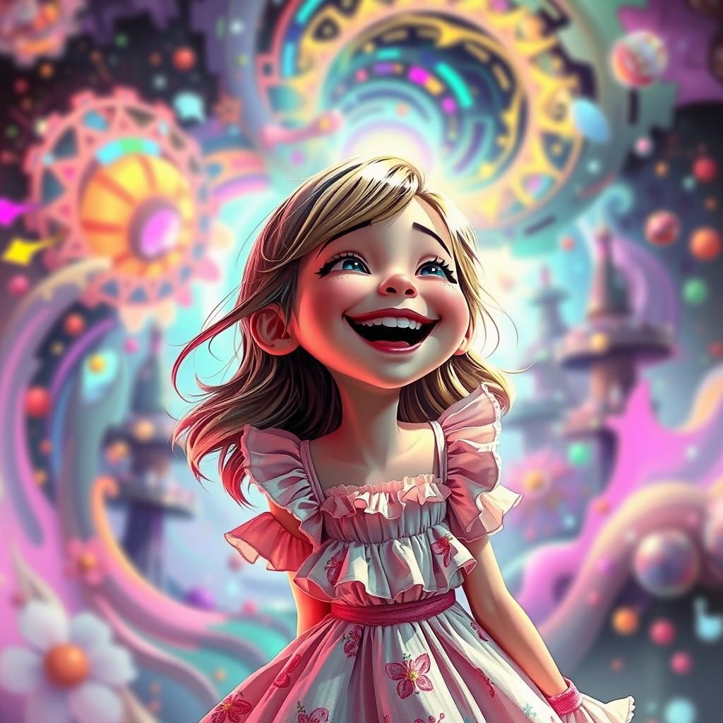 Girl Laughing in a Neon Dreamscape, Hyper-real Illusion
