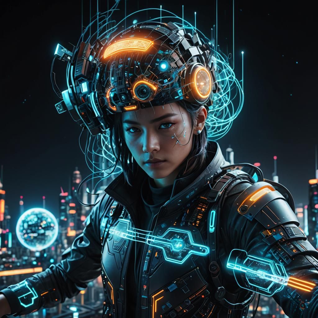 Cyberpunk Data Streams in Futuristic Landscape