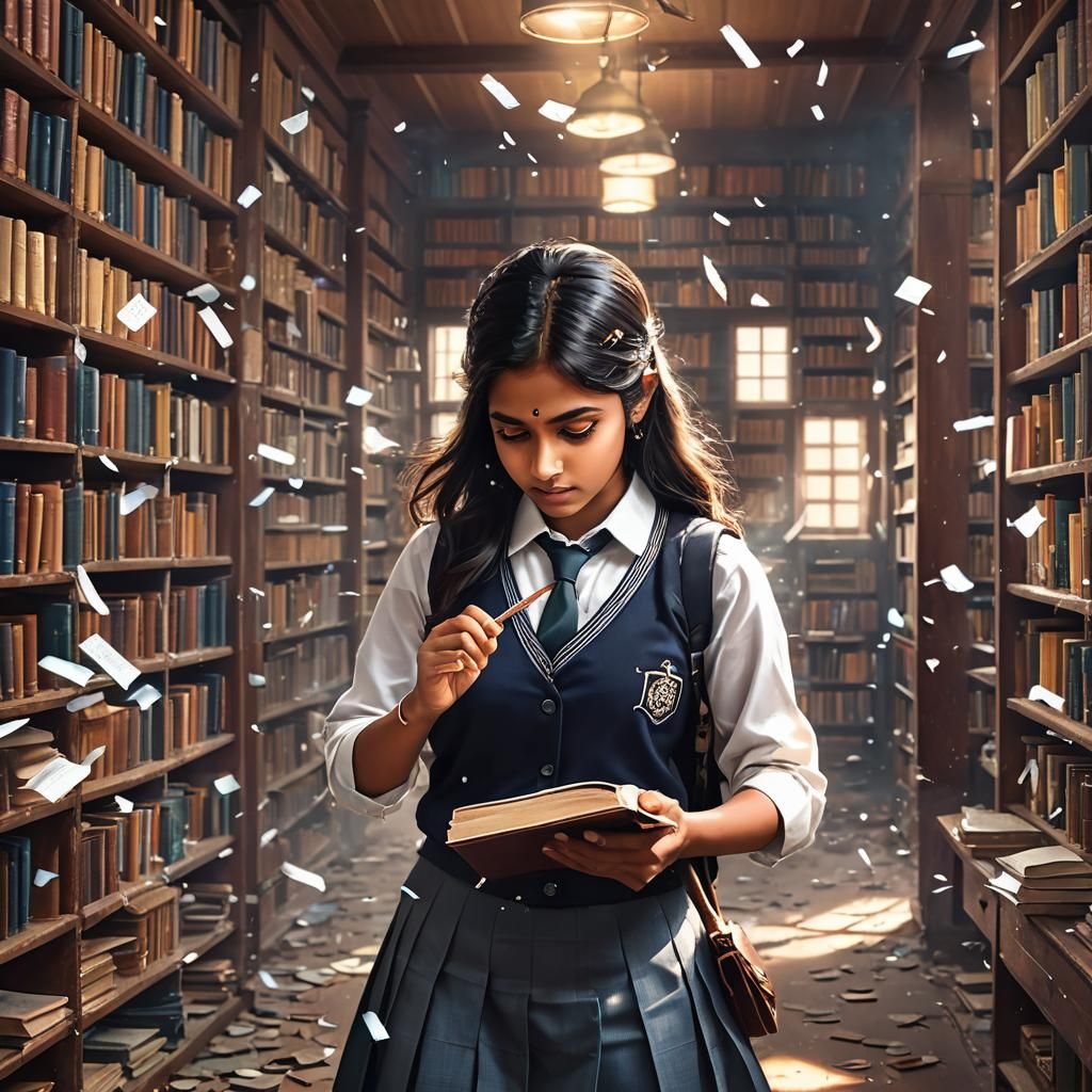 Indian schoolgirl in the library