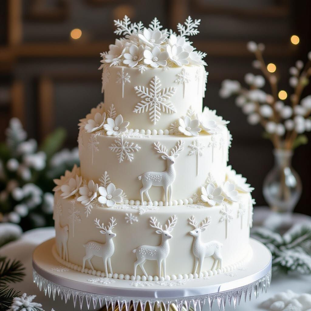 Majestic 3-Tier Cake with Ice Carvings and Floral Accents