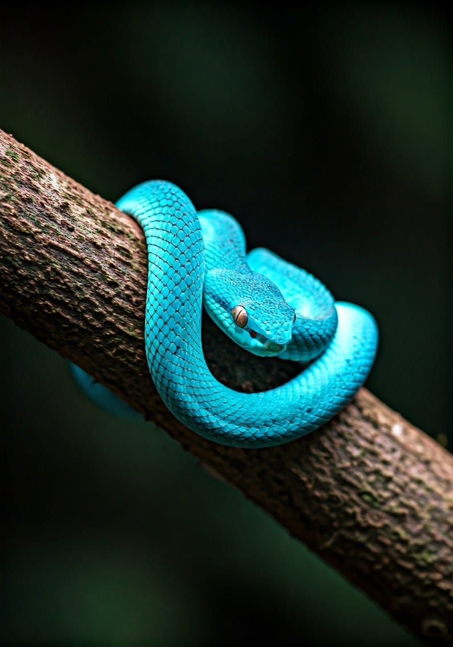 Neon Snake Coiled on Branch: Macro Photography