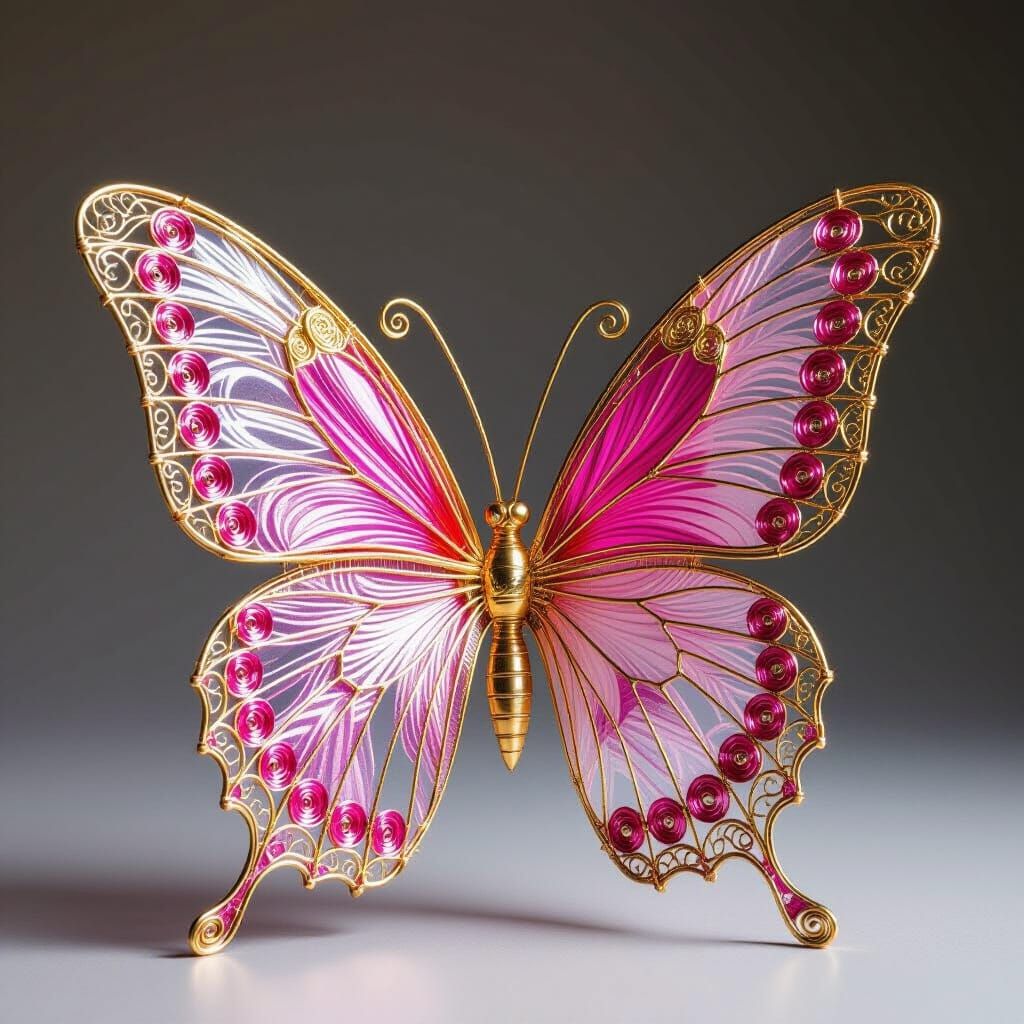 Delicate Wire Butterfly Sculpture in Gold and Pink Hues