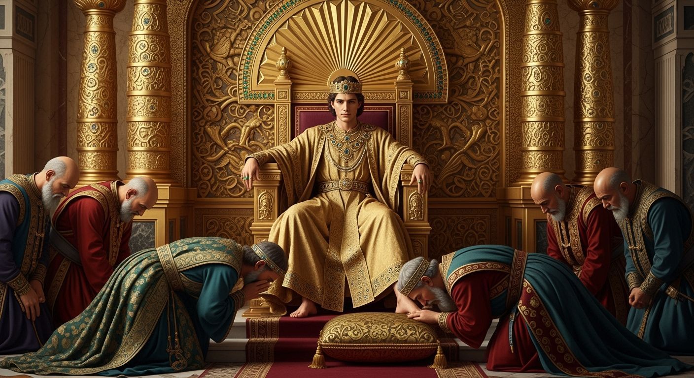 Byzantine Emperor on Jeweled Throne in Opulent Palace