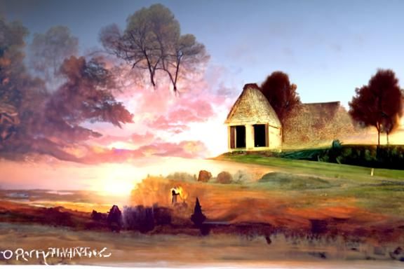 Farmhouse Landscape in Ethereal Sunset Style