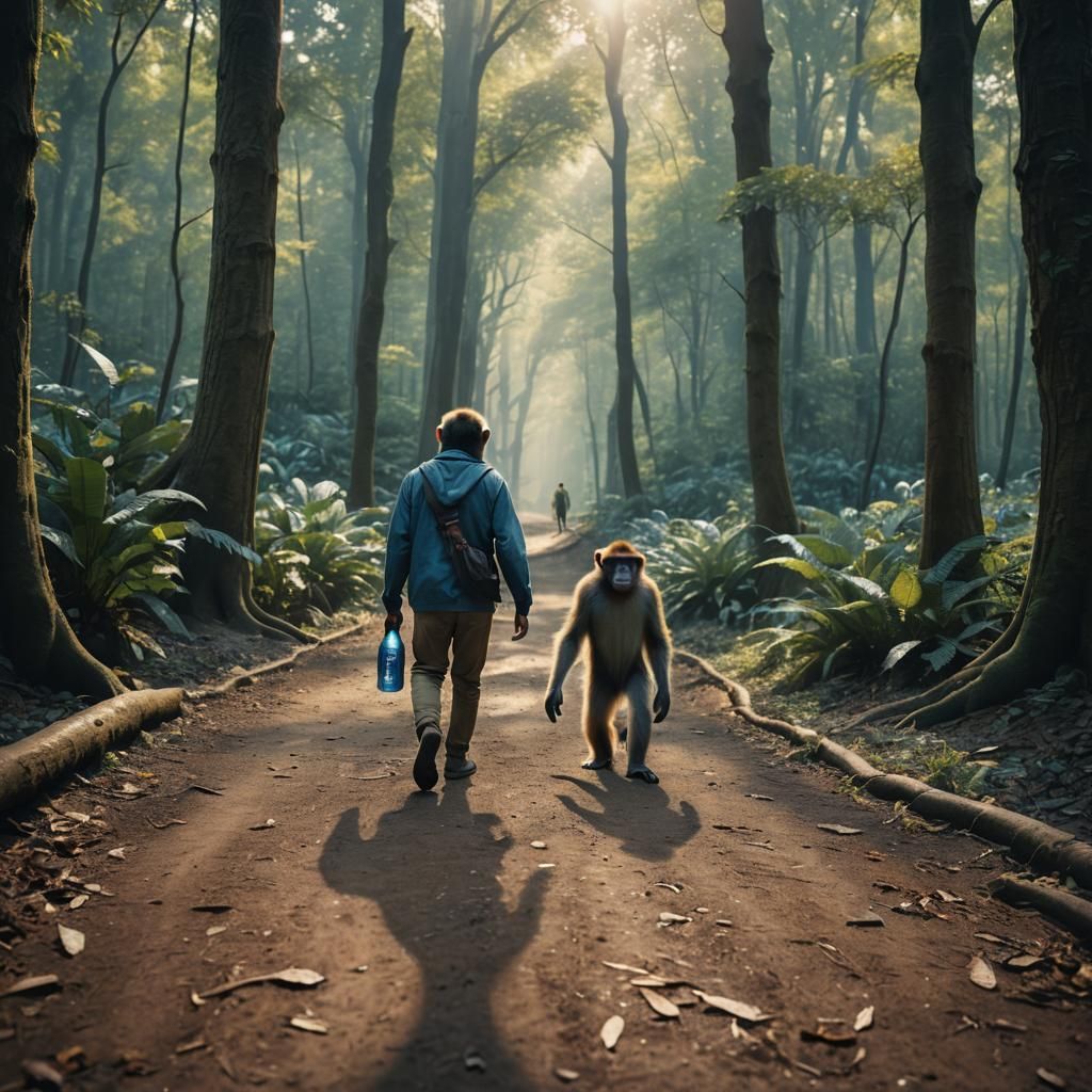 Monkey Walks Forest Path with Coca-Cola: Cinematic Film Stil...