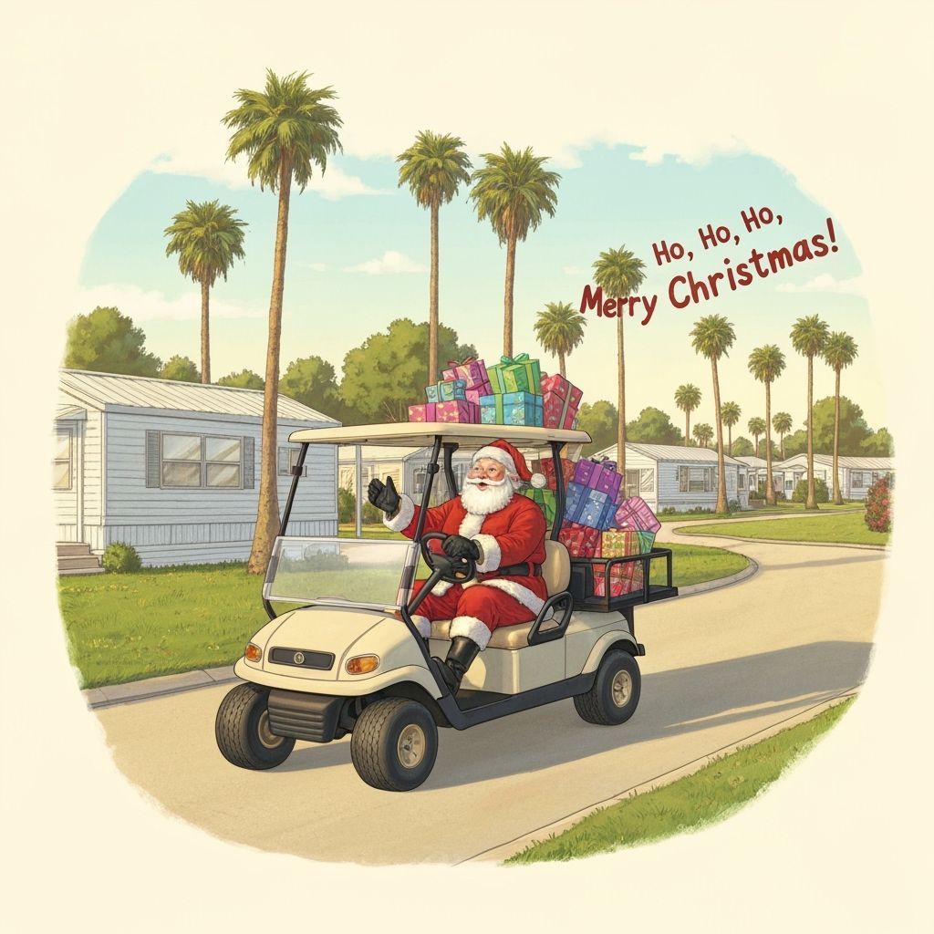Santa Delivers Gifts by Golf Cart in Palm Tree Community