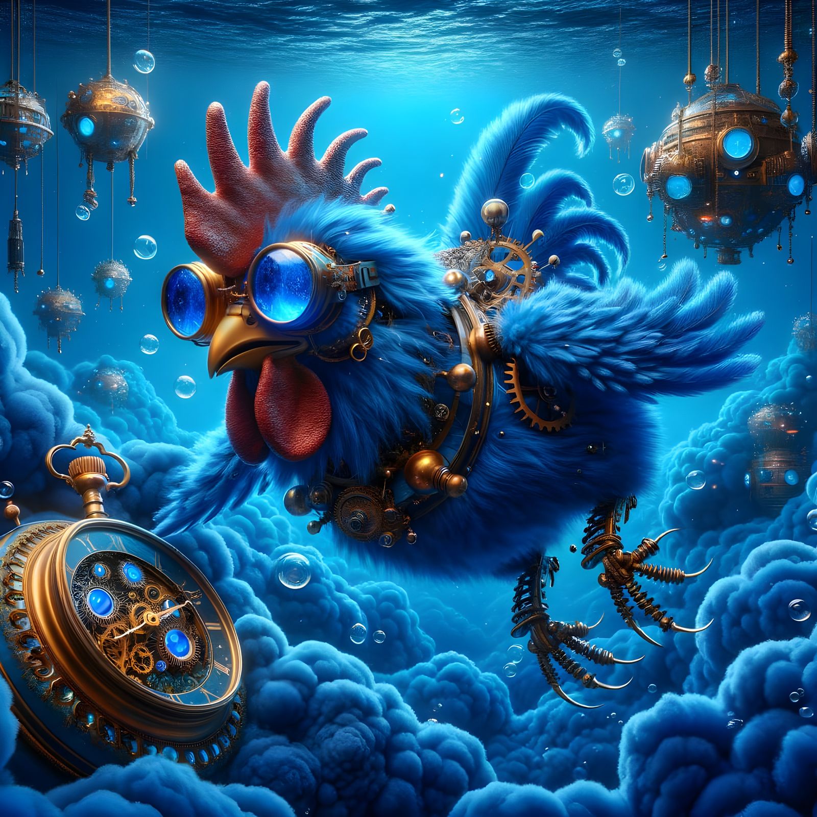 Steampunk Cobalt Chicken-Monster in Deep Sea Surrealism