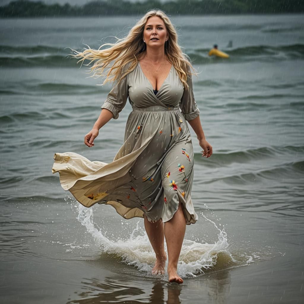 Mature Woman Walks on Water in Rainy Beach